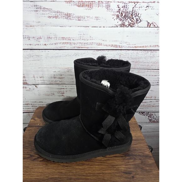UGG Koolaburra Boots Womens 8 Black Suede Shearling Mid Calf Bows - Picture 4 of 7